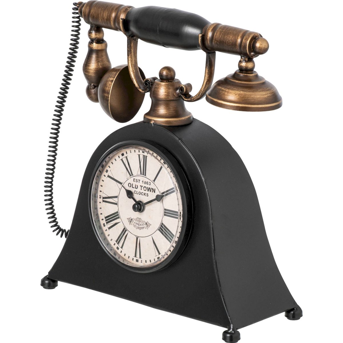 Horloge téléphone rétro en métal noir et bronze vieilli, RECOLLECTION