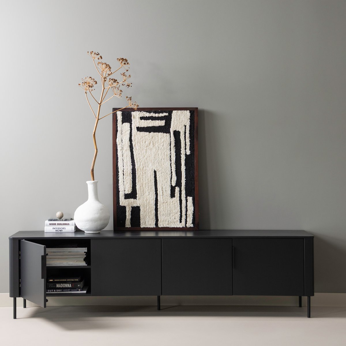 Meuble tv en pin 200 cm GUNNAR noir, WOOOD