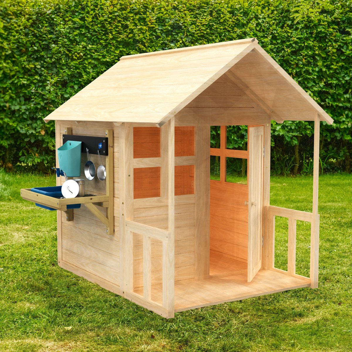 Maisonnette avec plancher, véranda et cuisine BOUTON D'OR COTTAGE marron - bleu, TP TOYS
