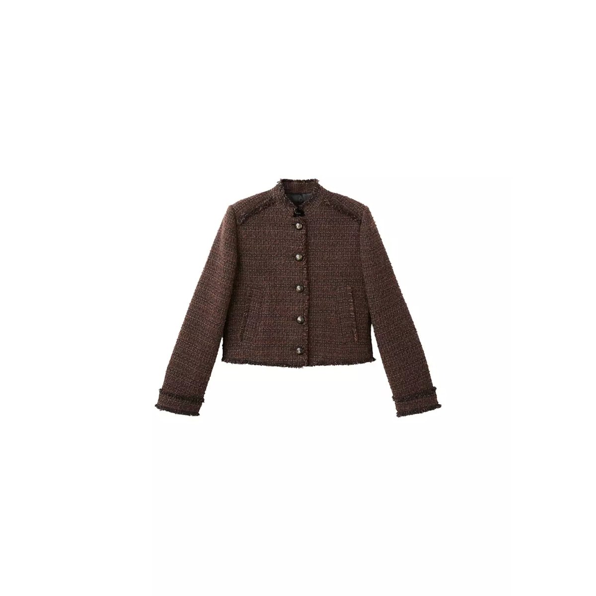 Veste tweed bords effilochés marron, MANGO