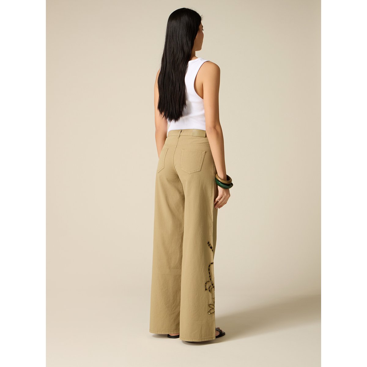 Pantalon palazzo avec broderies see-through verde militare, OLTRE