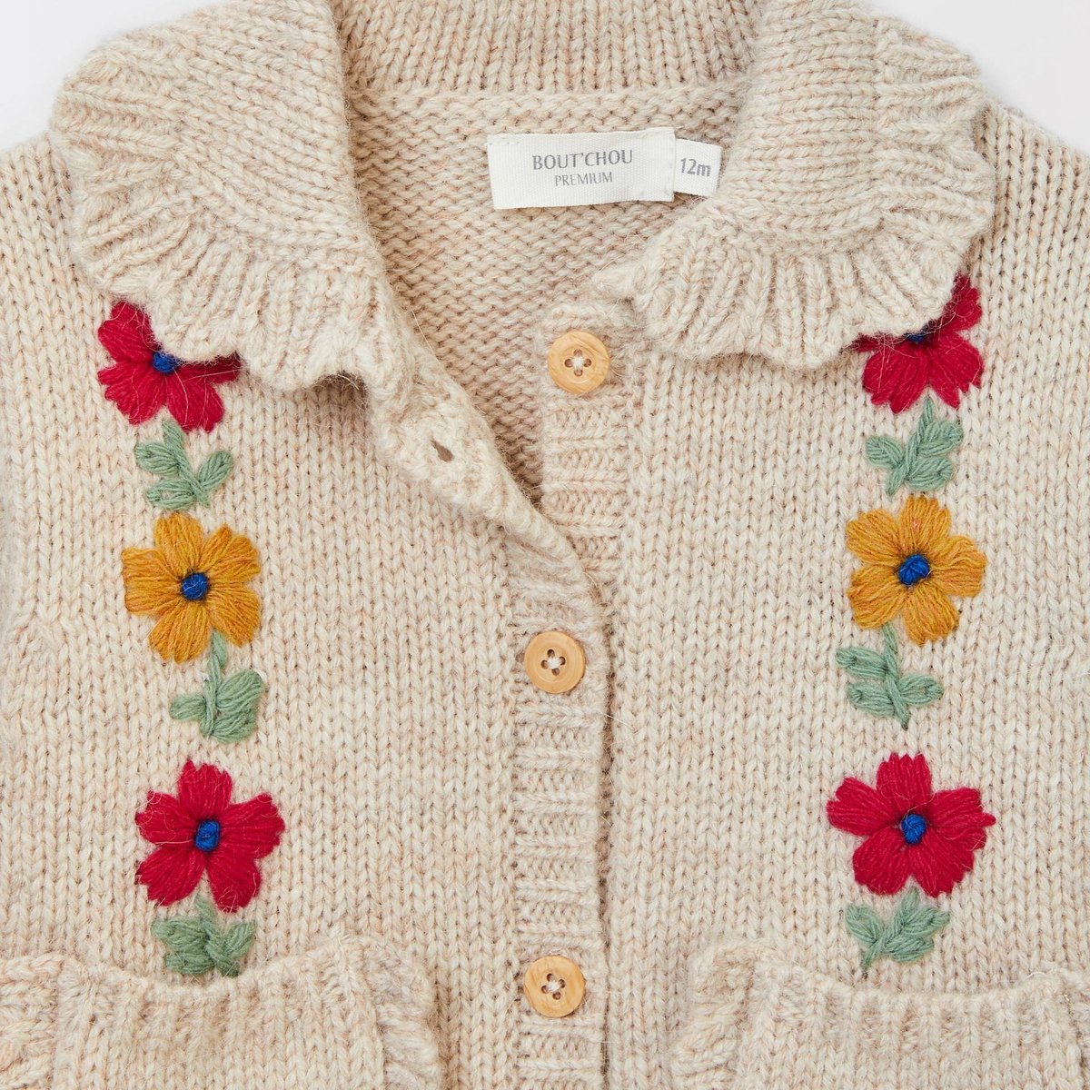 Cardigan tricot brodé contenant de la laine beige melange, BOUT'CHOU