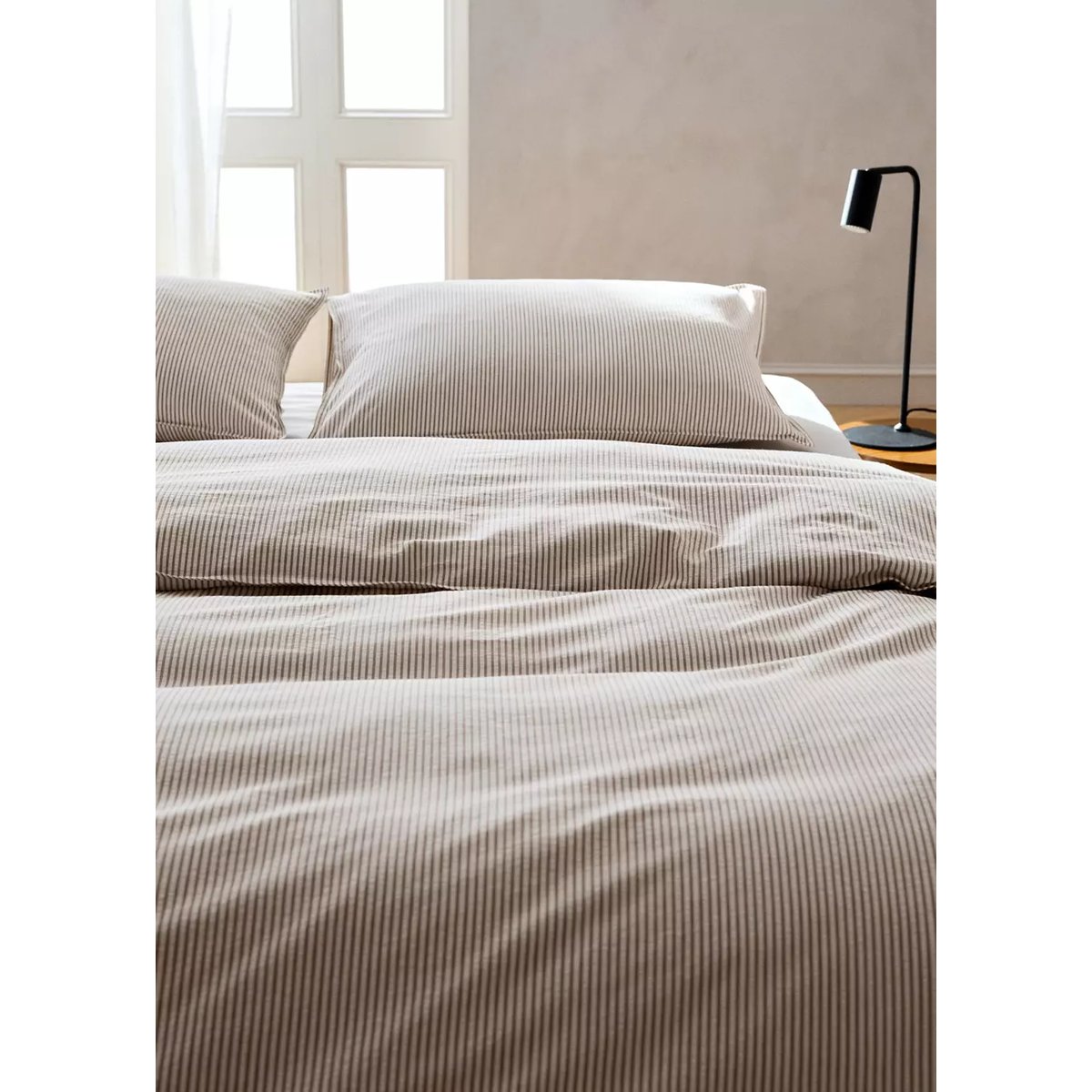 Housse de couette coton seersucker à rayures fines lit 150/160 cm café, MANGO HOME