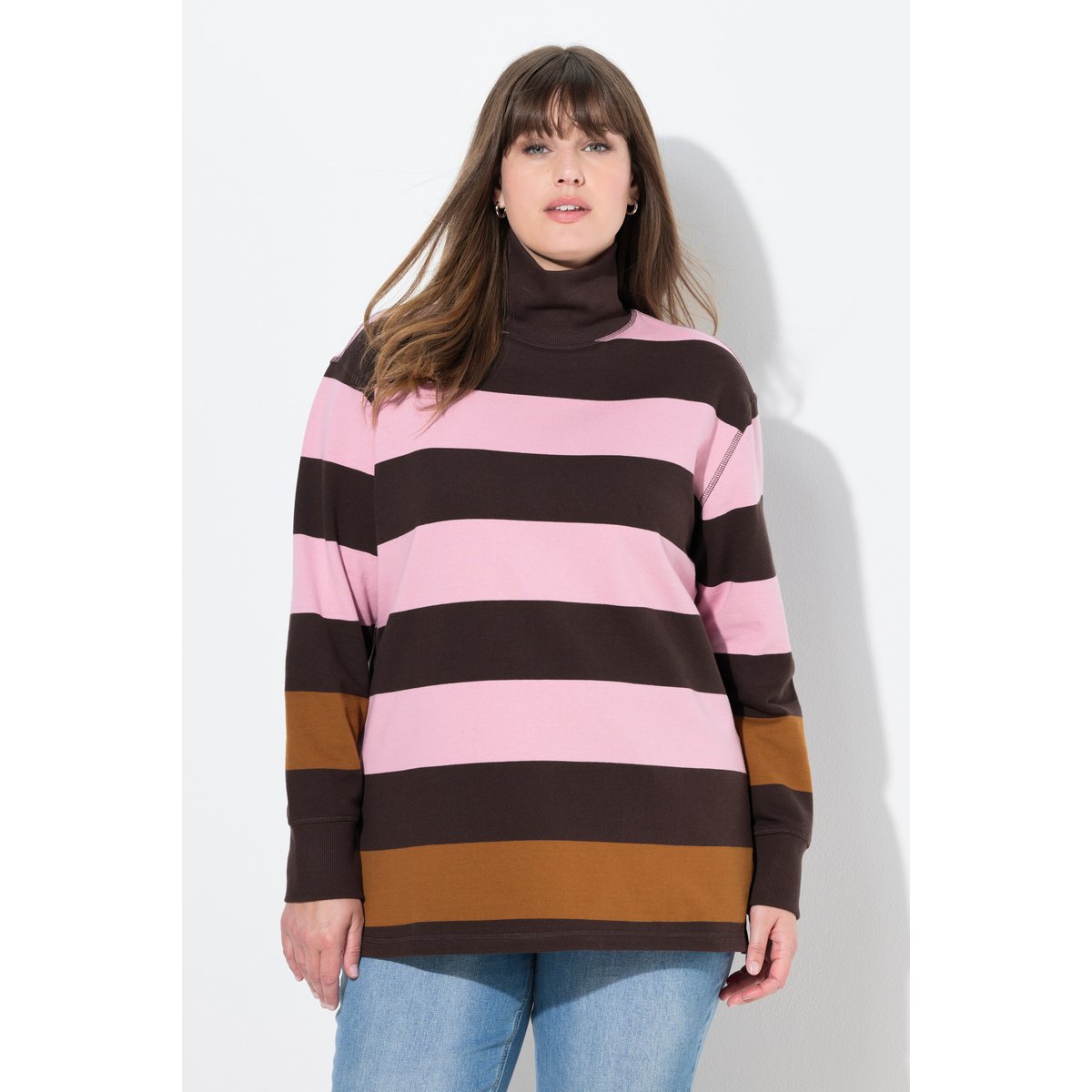Sweat-shirt à col montant et manches longues marron acajou, ULLA POPKEN
