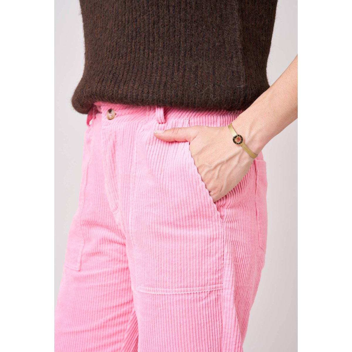 Pantalon carotte femme en 100% coton velours côtelé WENDELI rose, DEELUXE