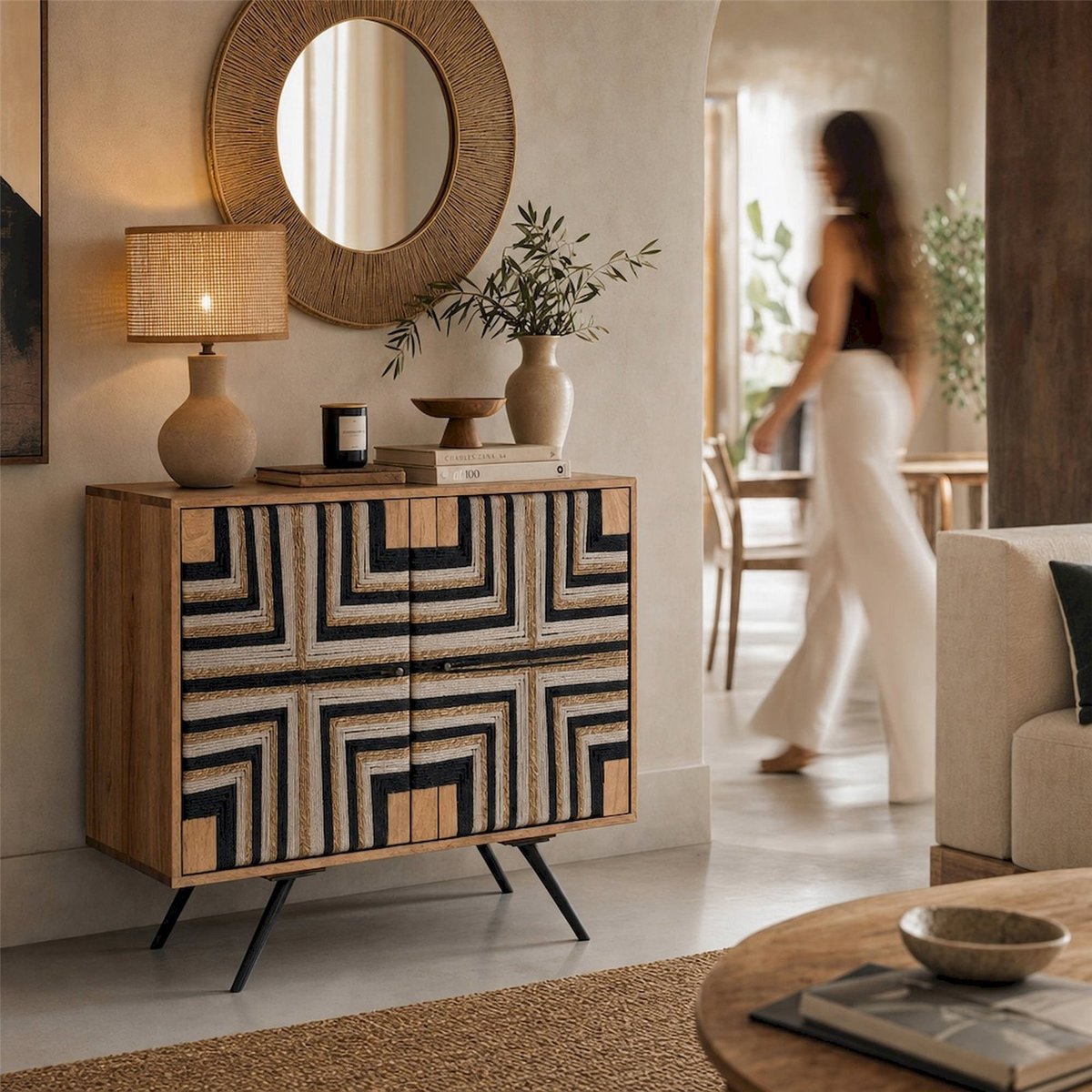 Buffet en bois motif fils tissés naturel et noir, RECOLLECTION
