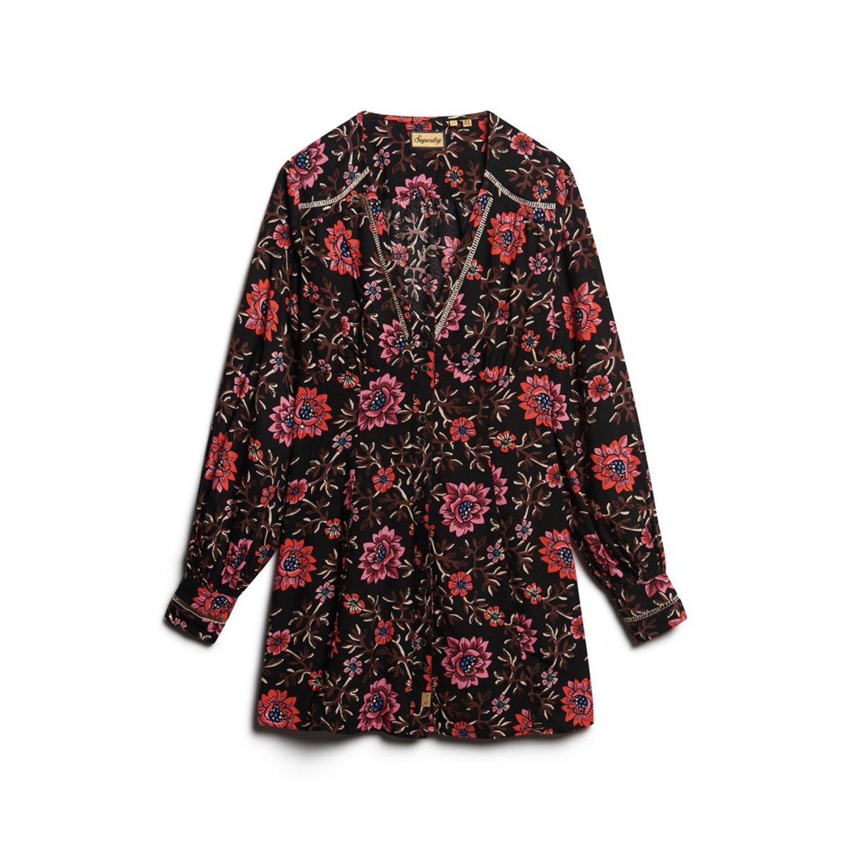Robe courte fluide imprimée à col V marron fleuri mori, SUPERDRY