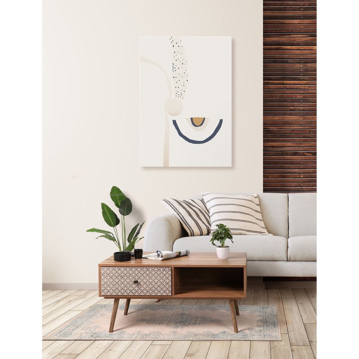 Table basse 1 tiroir à motifs géométriques et 1 niche BAOBAB beige, TOILINUX