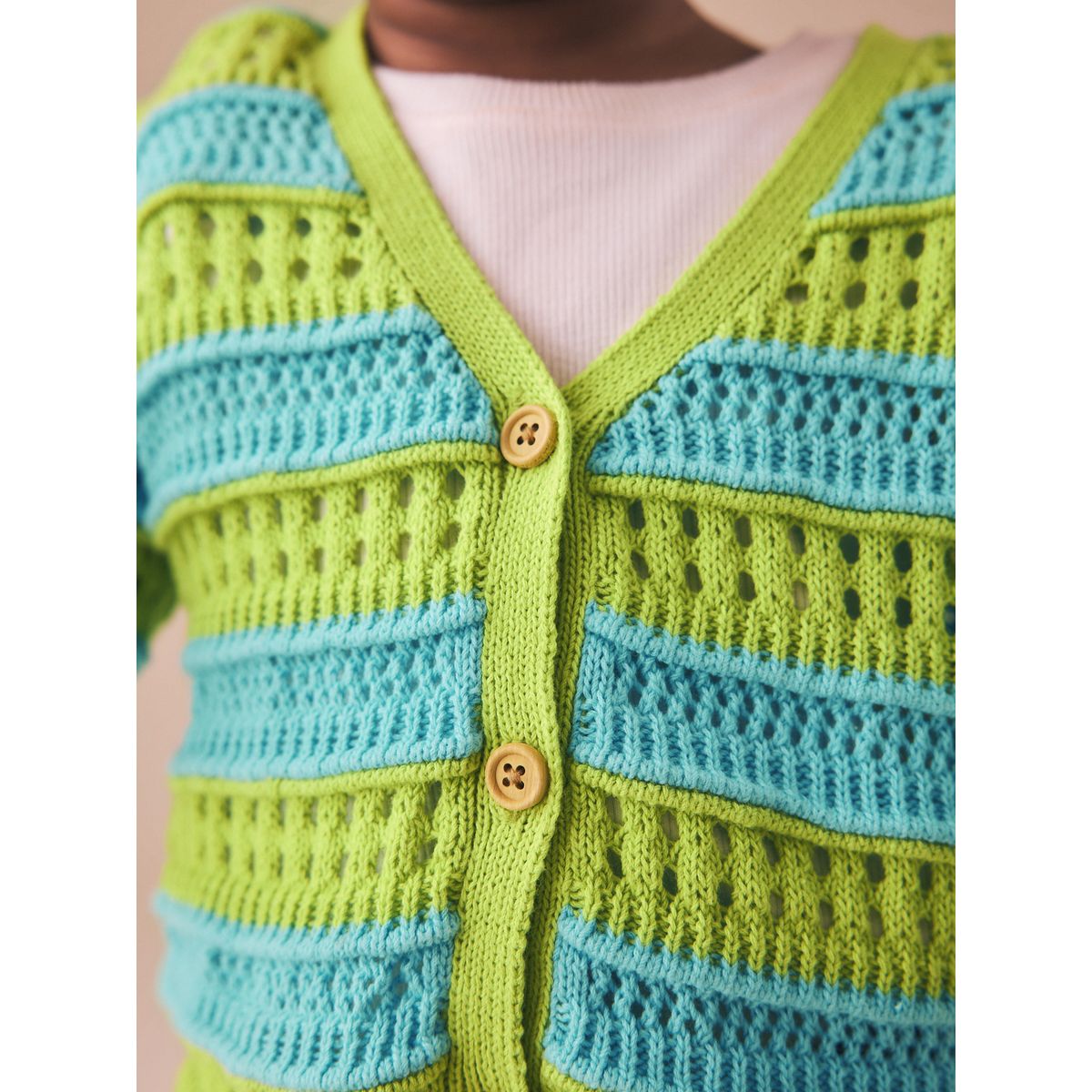 Cardigan au crochet à col v vert/bleu, NEXT