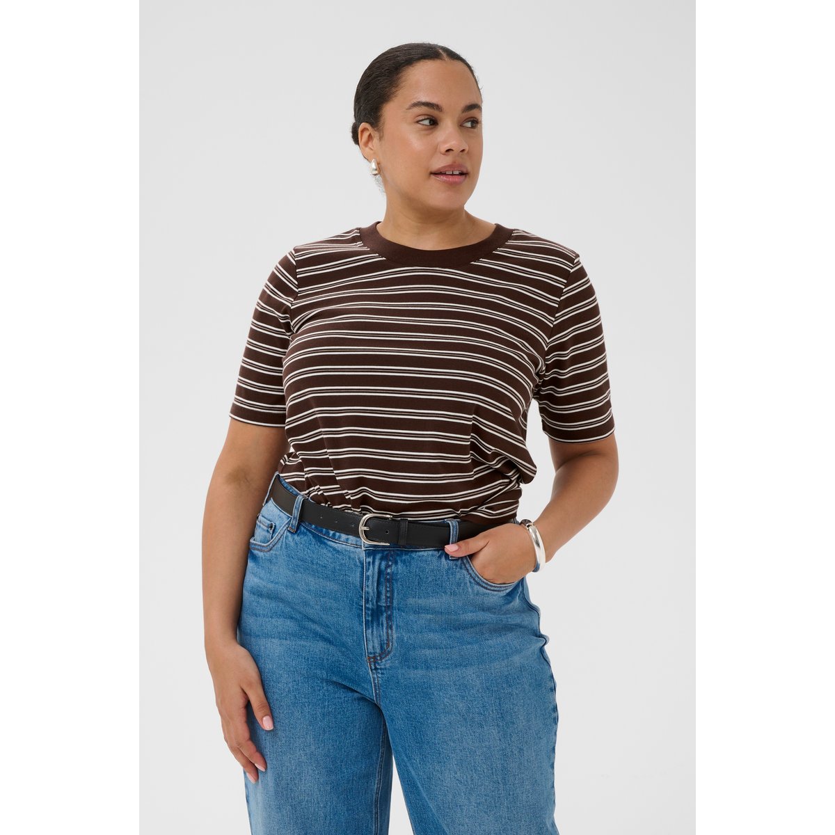 T-shirt à manches courtes marron chocolate brown/chalk stripes, KAFFE CURVE