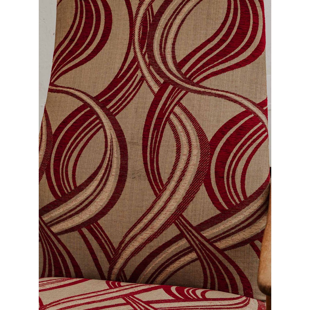 Fauteuil scandinave en bois et tissu à motifs Ernest N°988 - Bon état bois foncé, DEBONGOUT