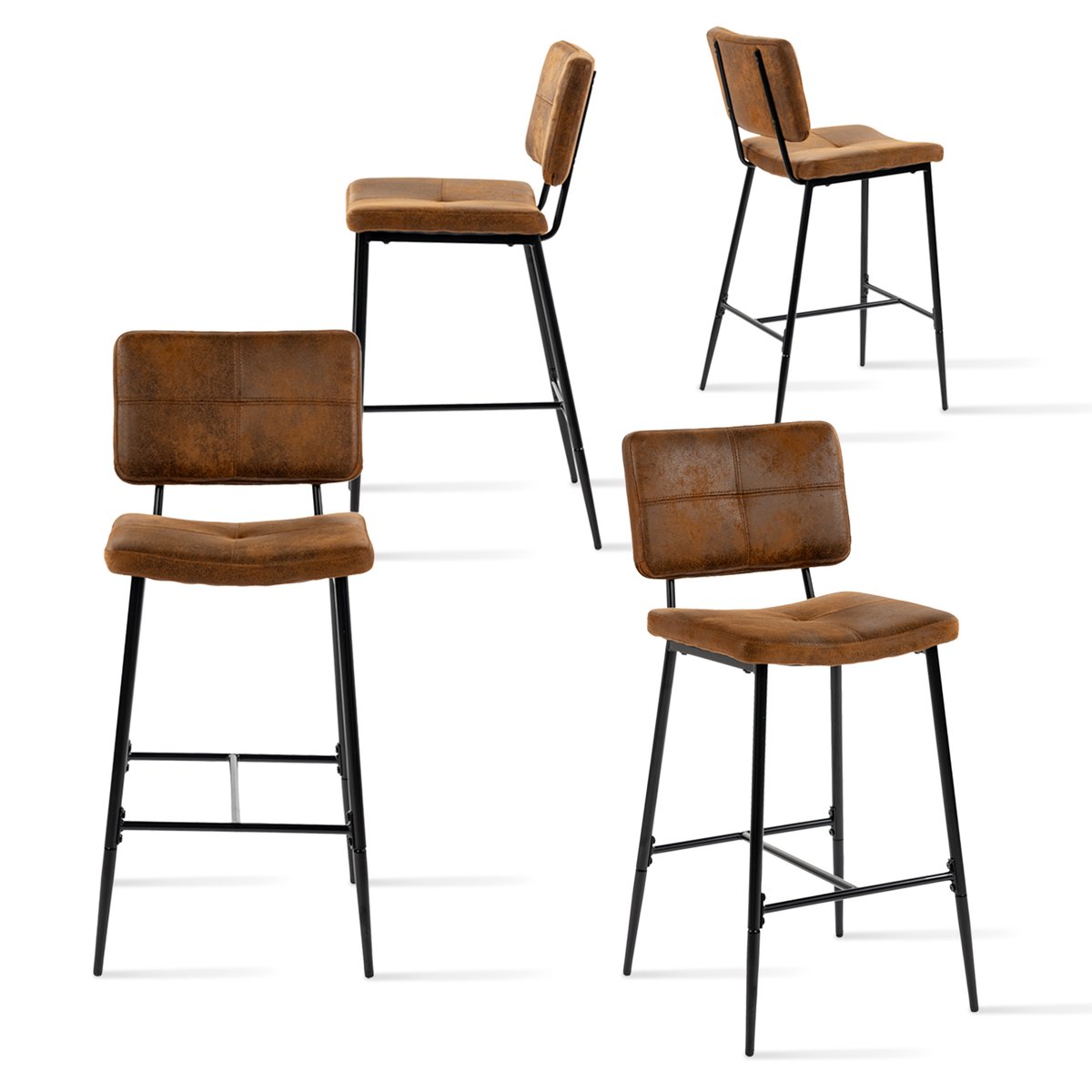Lot de 4 tabourets de bar en microfibre rétro vintage, POMONA marron, MEUBLES COSY