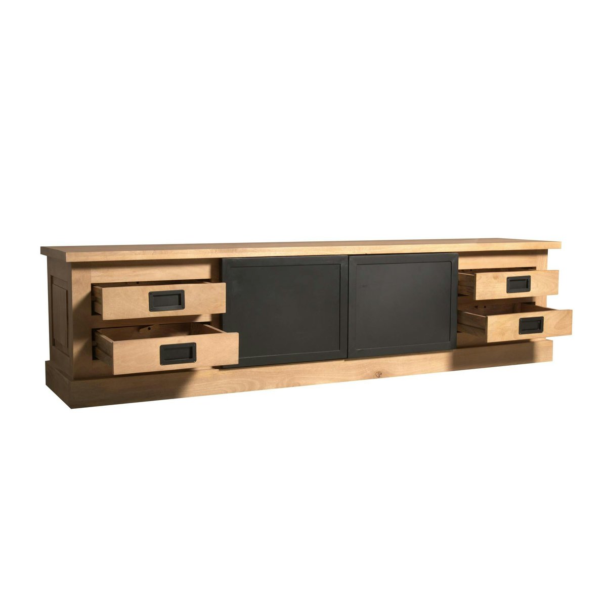 Long meuble TV industriel moderne à portes coulissantes CEYLAN bois naturel, PIER IMPORT