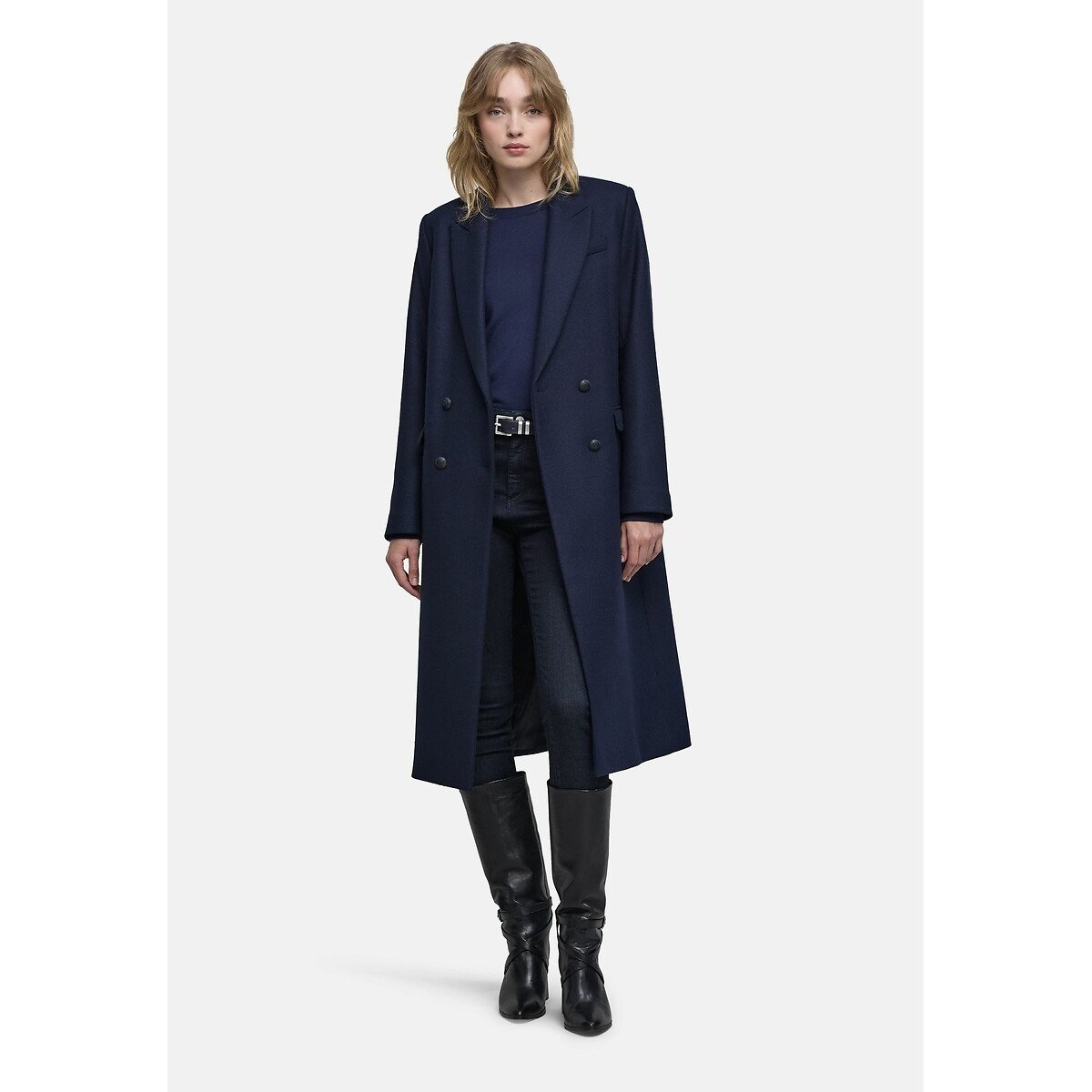 Wool Mix Long Coat with Buttons navy blue, IKKS