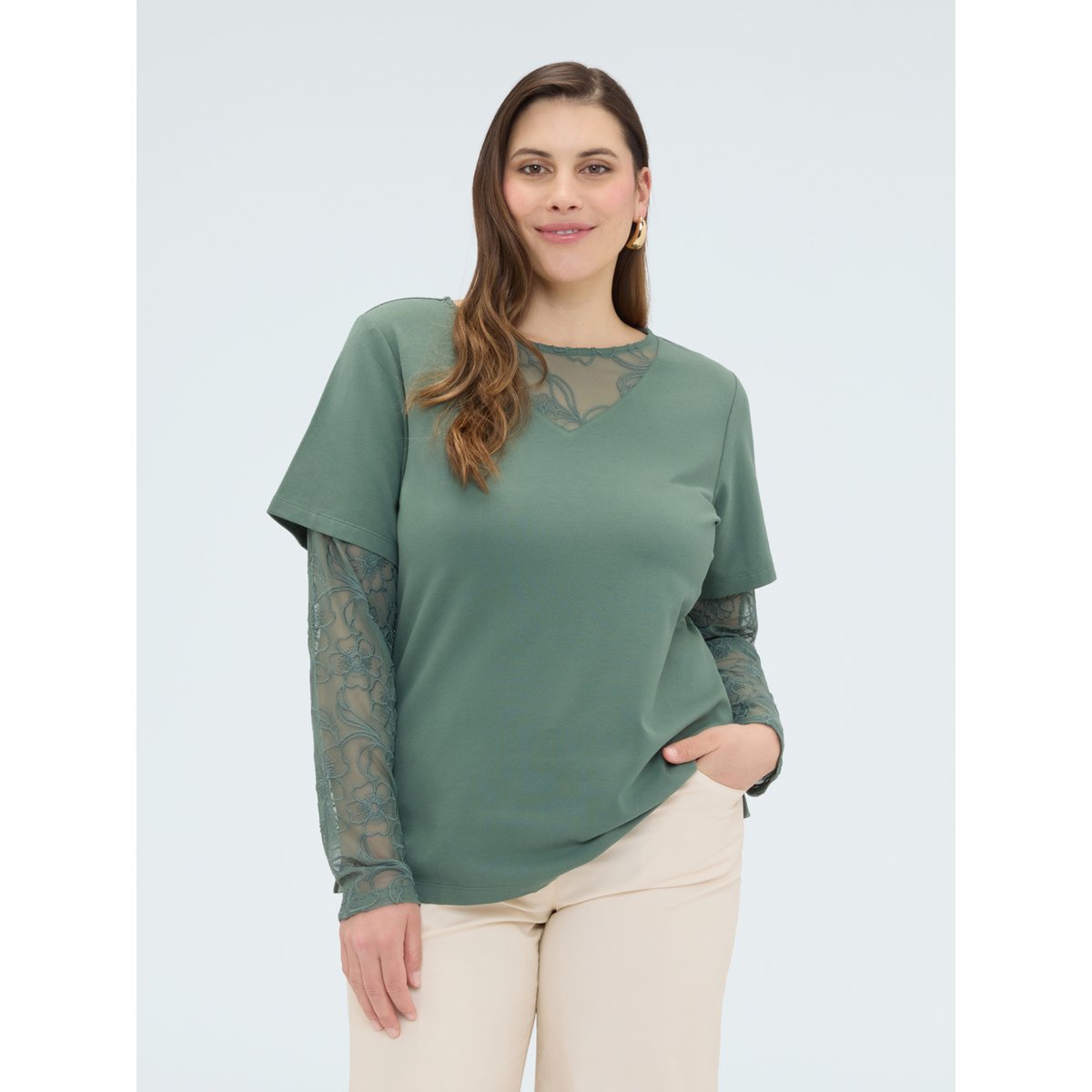 T-shirt avec manches et encolure en dentelle verde militare, FIORELLA RUBINO