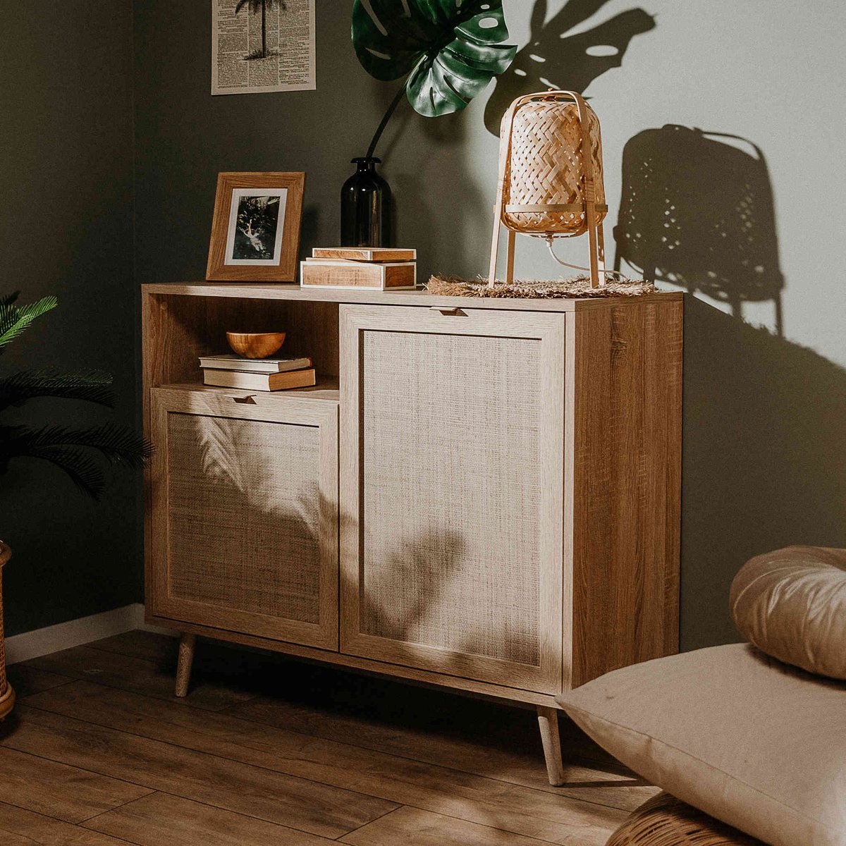 Commode 1 niche 2 portes imprimé cannage bois clair, TERRE DE NUIT