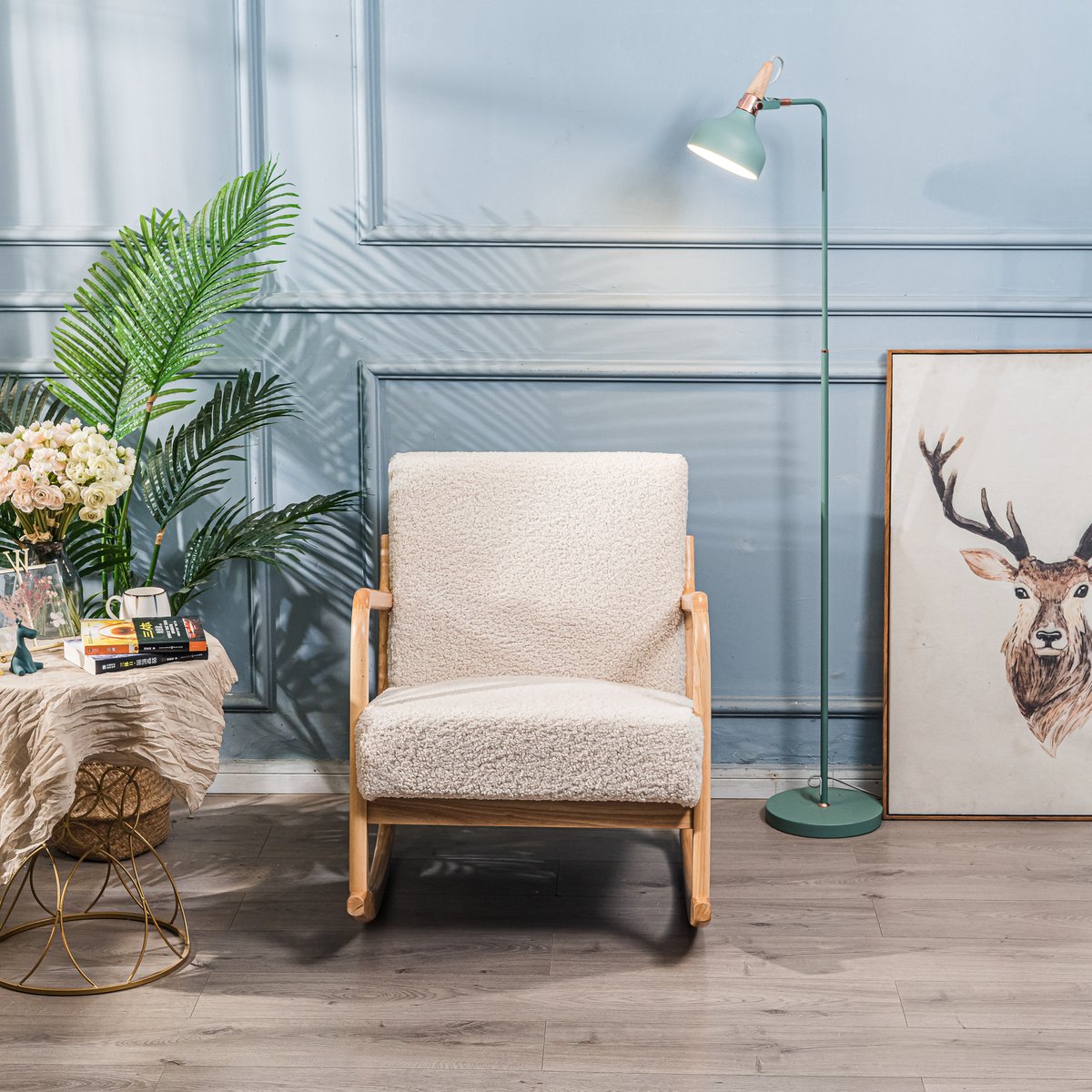 Rocking chair, bois et bouclette, DIANA blanc cassé, NORDLYS