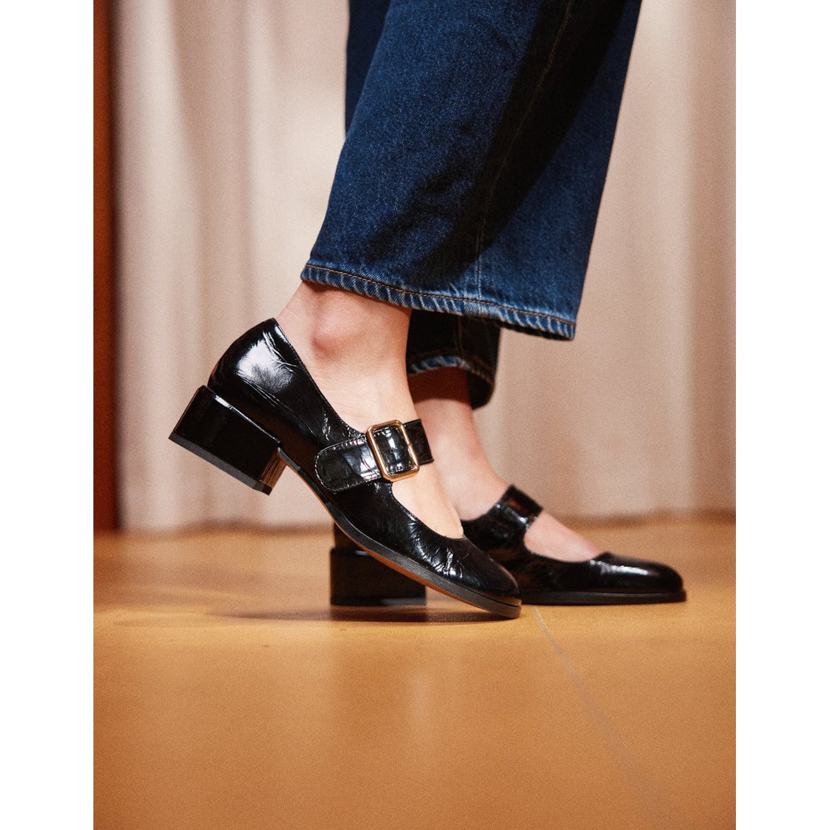 Escarpins AMARI cuir plissé verni noir, ODAJE