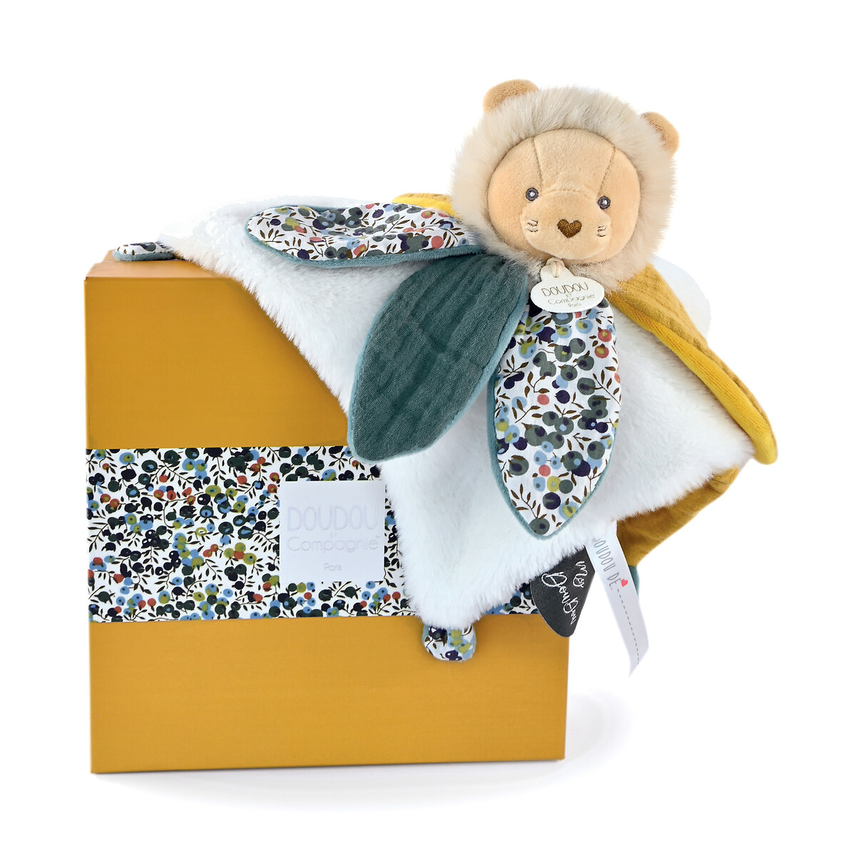 Doudou lion avec pétales DC4025 blanc/jaune moutarde, DOUDOU ET COMPAGNIE