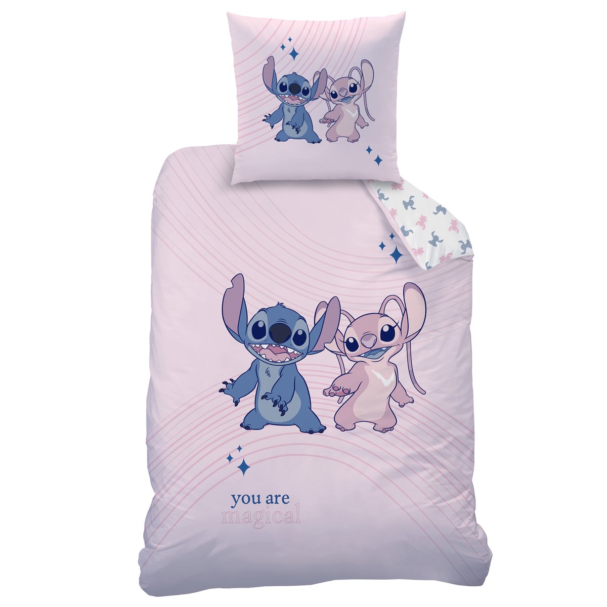 Parure de lit imprimée réversible 100% coton, AMOUR rose, DISNEY STITCH
