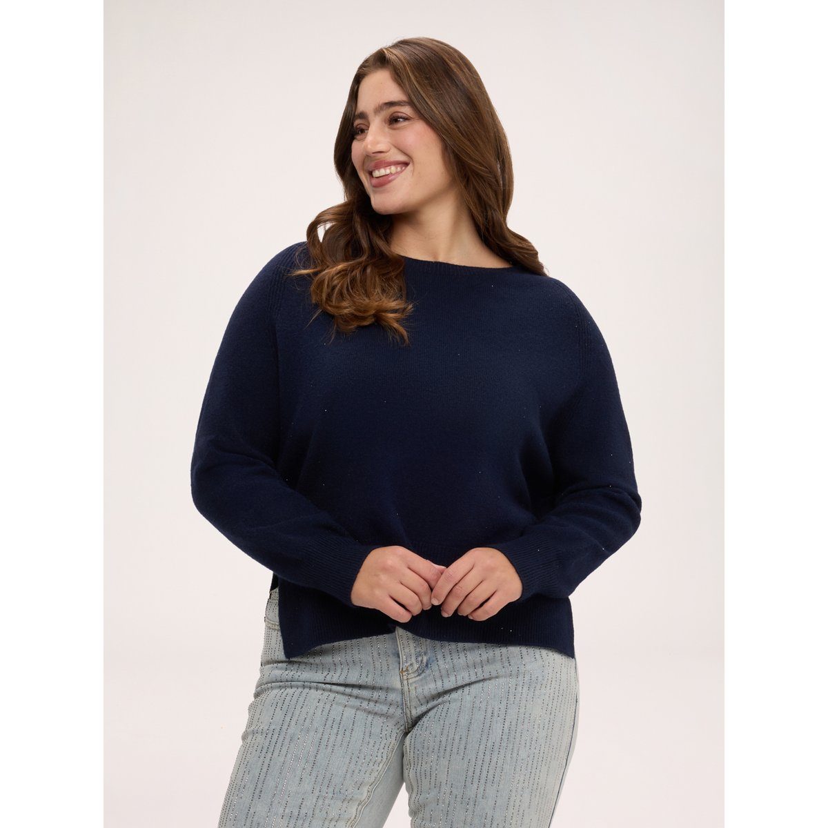 Pull col rond à micro-paillettes bleu, FIORELLA RUBINO