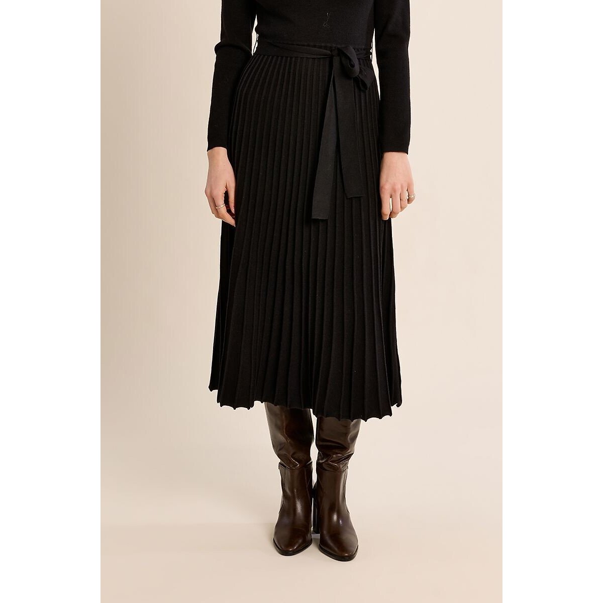 Abito lungo in maglia con cintura nero , MOLLY BRACKEN