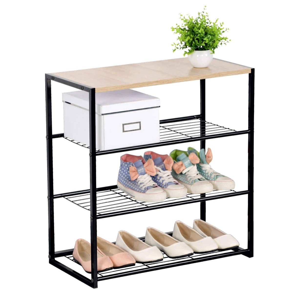 Etagère à chaussures 4 niveaux en acier - LEXIE bois clair, CALICOSY