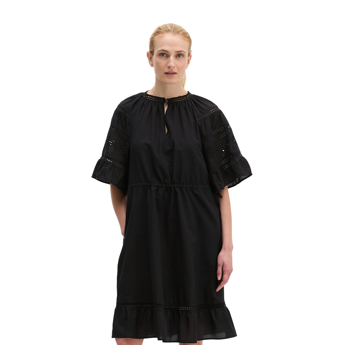 Robe boho de style folklorique loose en voile de coton brodé noir, MARC O'POLO