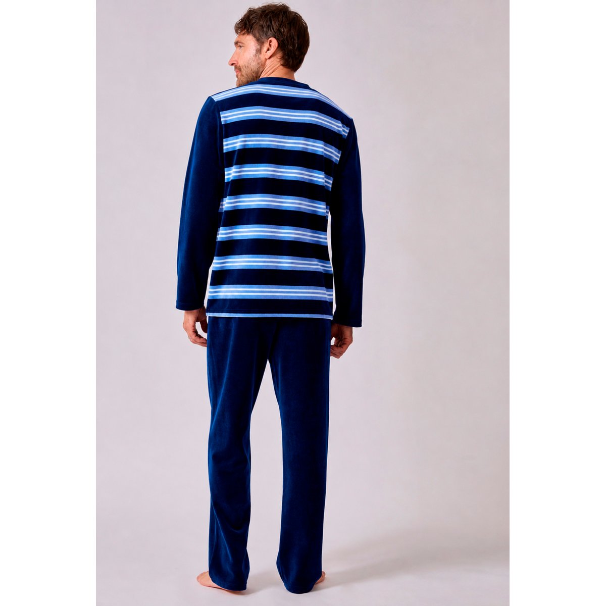 Pyjama velours rayé mélange coton bleu rayé, DAMART