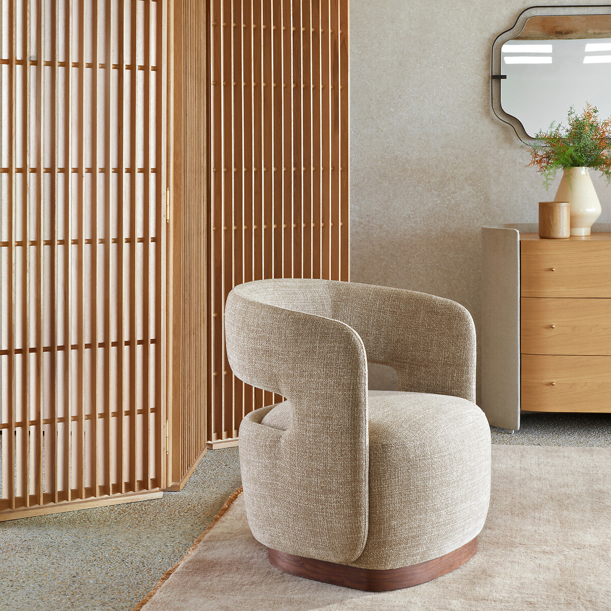 Fauteuil pivotant base noyer, tissu chiné, Jesper marron glacé, AM.PM