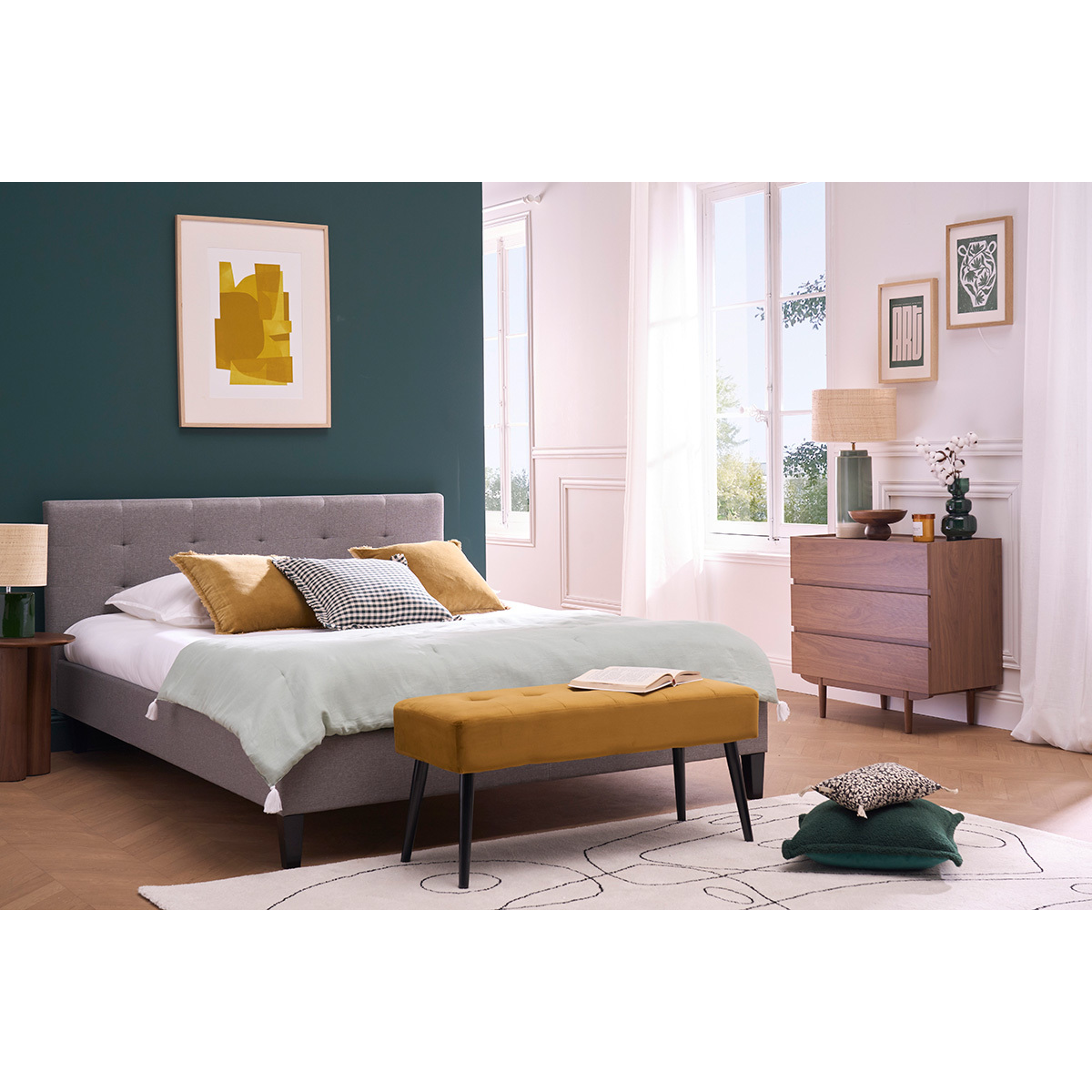 Lit 2 places 180x200 cm en tissu gris capitonné MARQUISE gris, MILIBOO