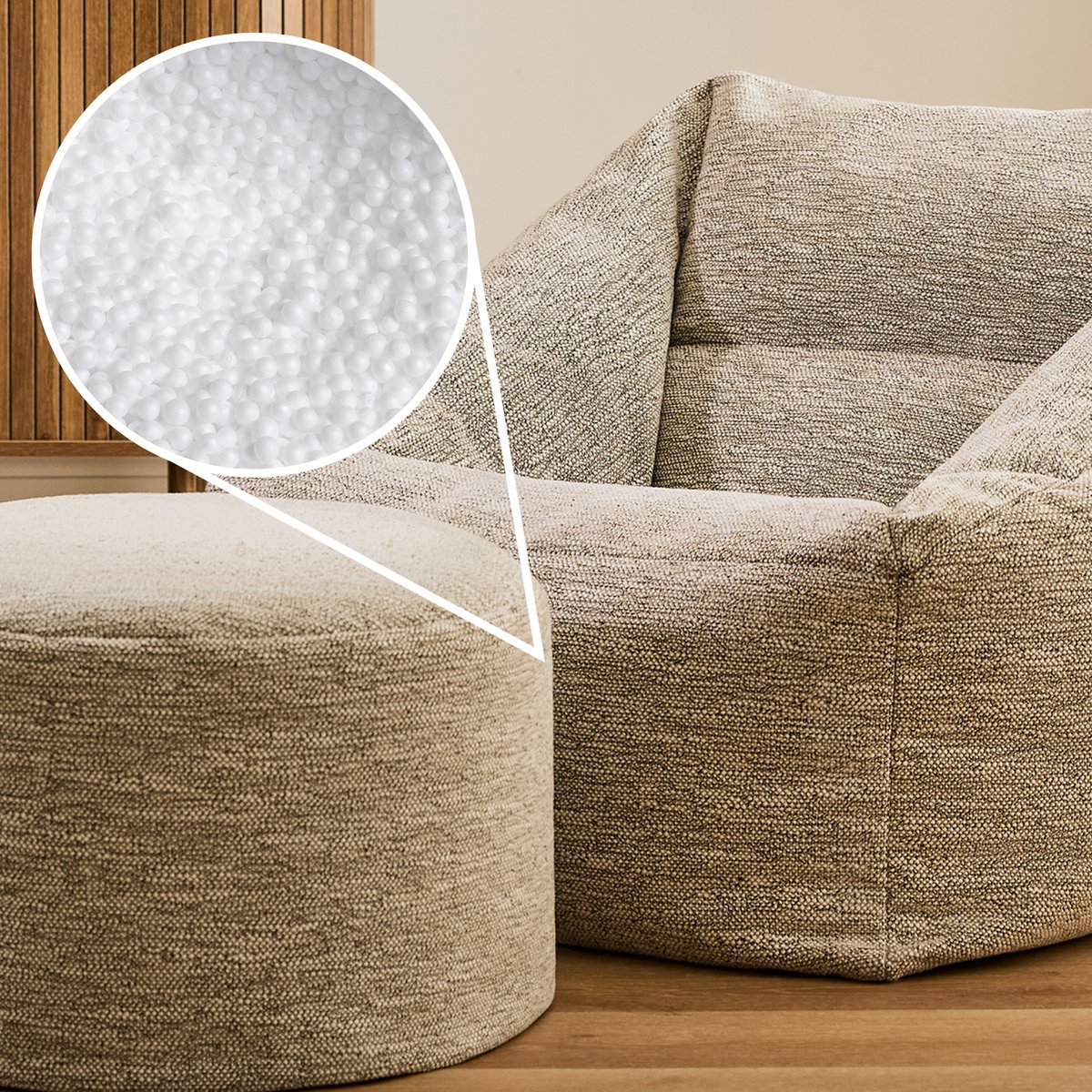 Pouf fauteuil salon et son repose-pied rond en tissu tissé Oeko-Tex® - NATALIA naturel beige, ICON