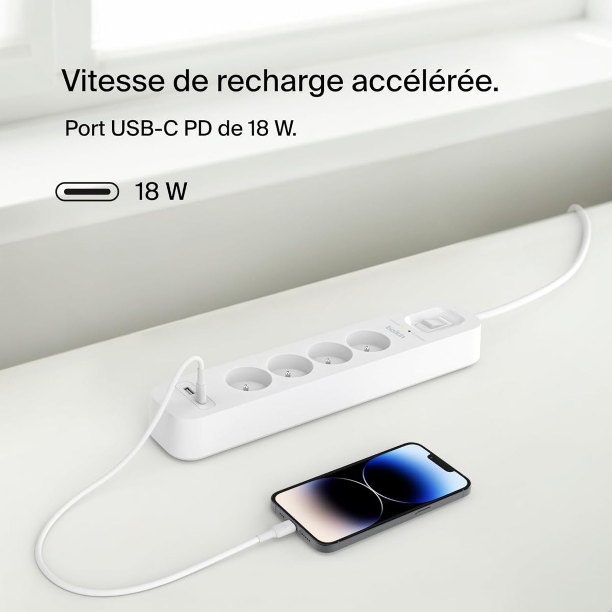 Multiprise 4 prises + USB-C et USB-A couleur unique, BELKIN