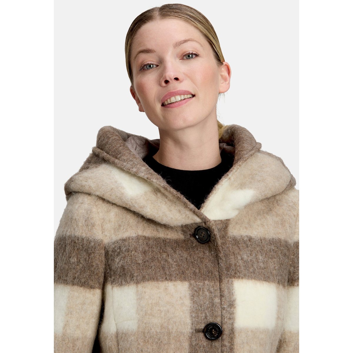 Manteau court à capuche blanc/taupe, AMBER & JUNE