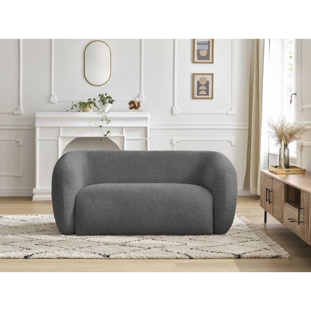 Canapé droit fixe 2 places en tissu bouclette, CELINE gris foncé, BOBOCHIC