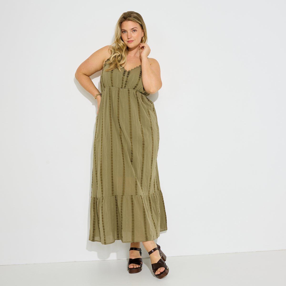 Robe bohème longue à bretelles vert kaki, GRAIN DE MALICE
