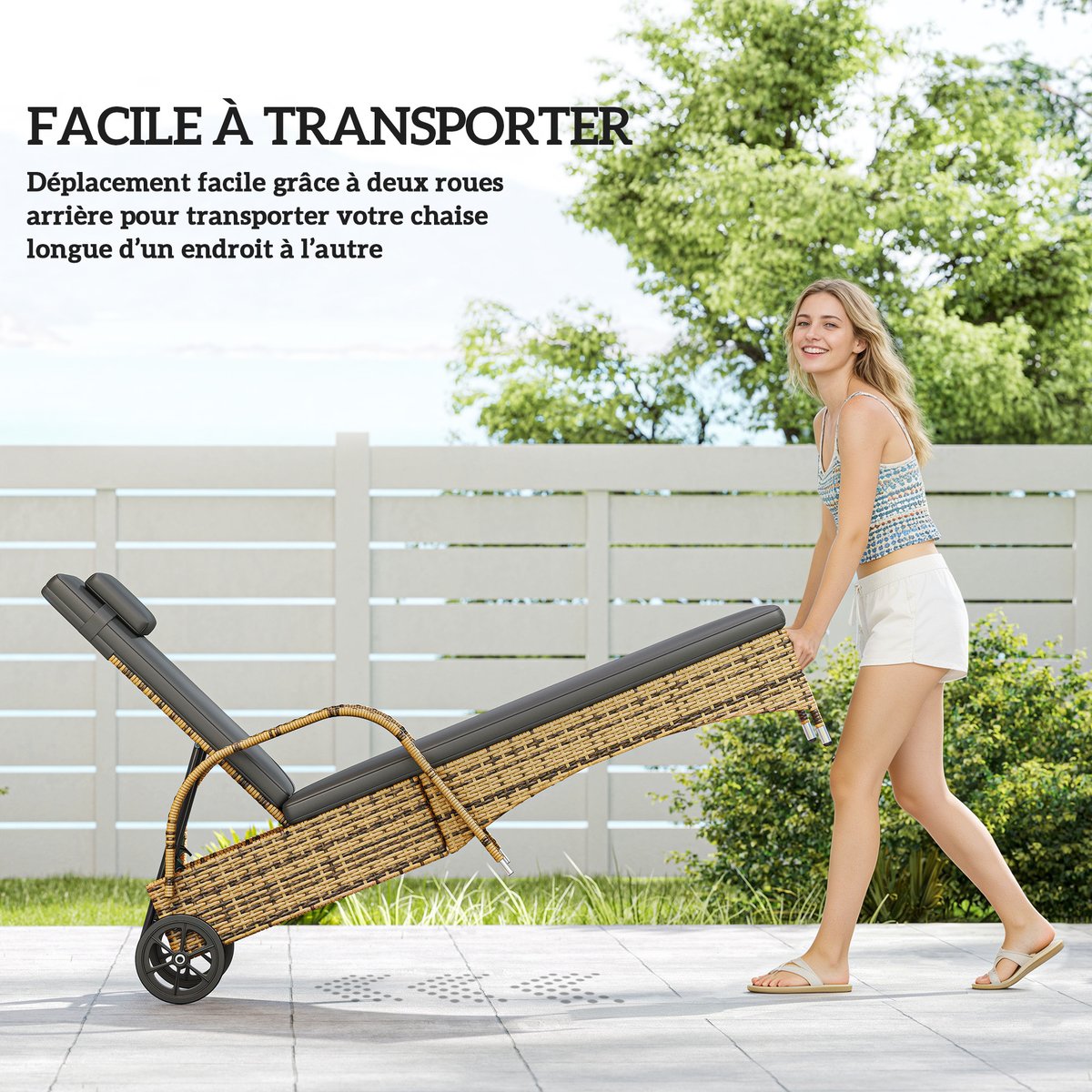 Chaise longue individuelle en rotin (modèle « gris, OUTSUNNY