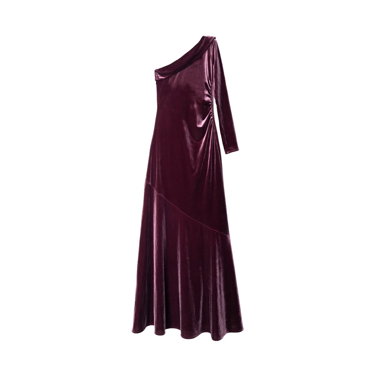 Robe midi avec encolure asymétrique, fronces sur le côté et volant dans le bas violet, THE-ARE