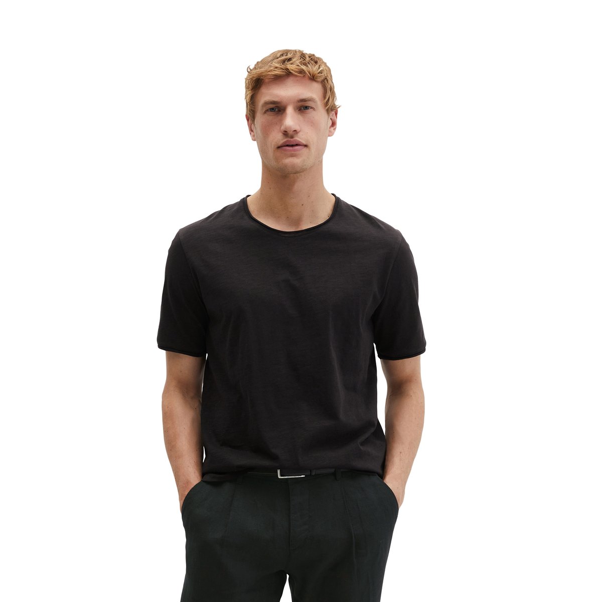 T-shirt regular en jersey slub doux noir, MARC O'POLO