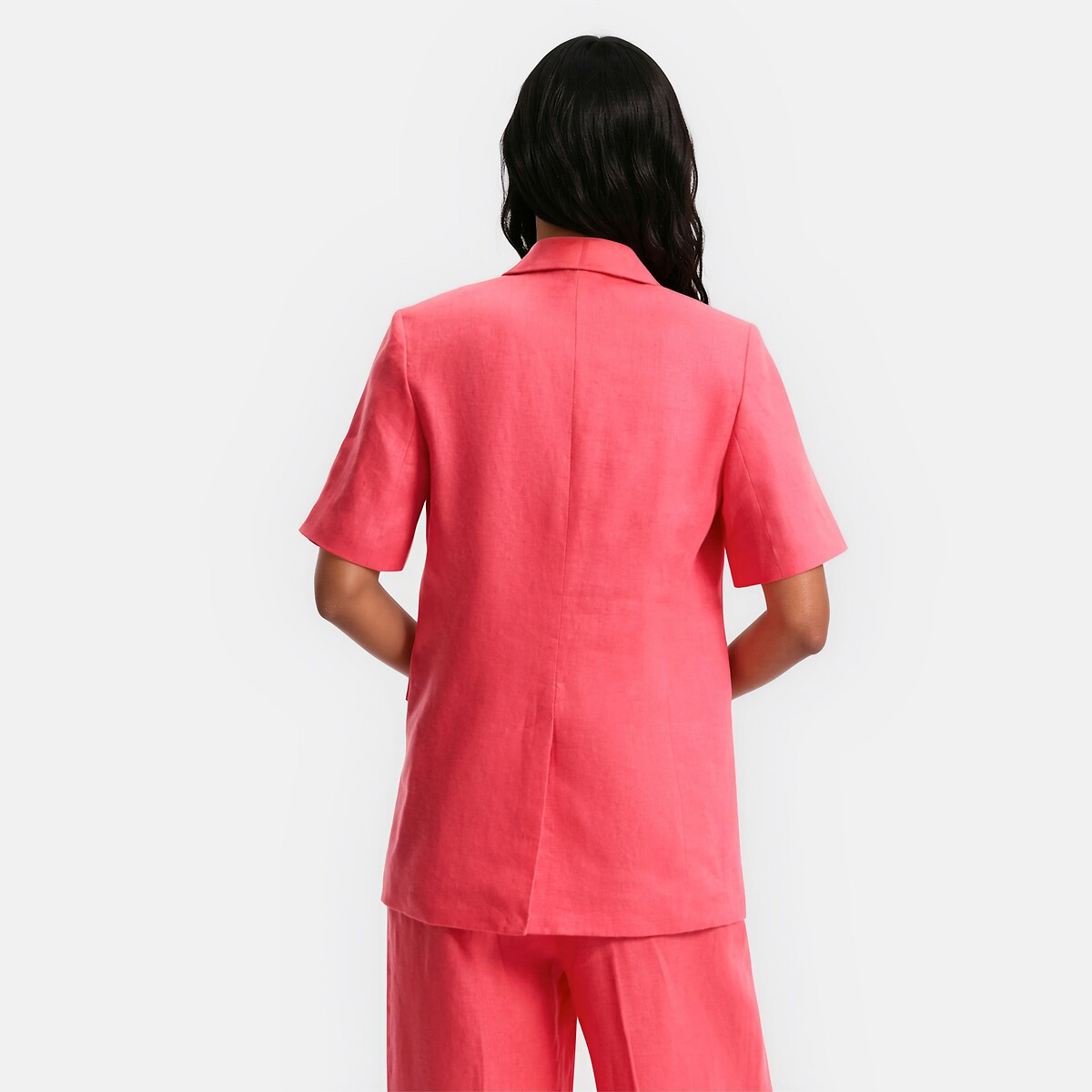 Blazer long droit manches courtes en lin rose fraise, LA REDOUTE COLLECTIONS