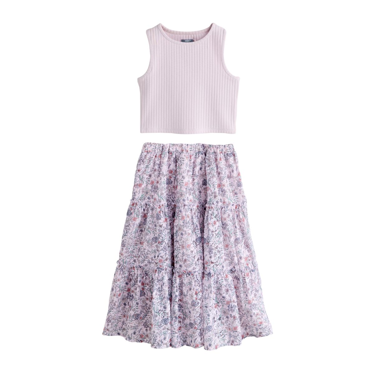 Jupe mi-longue en dentelle et débardeur lilas, NEXT