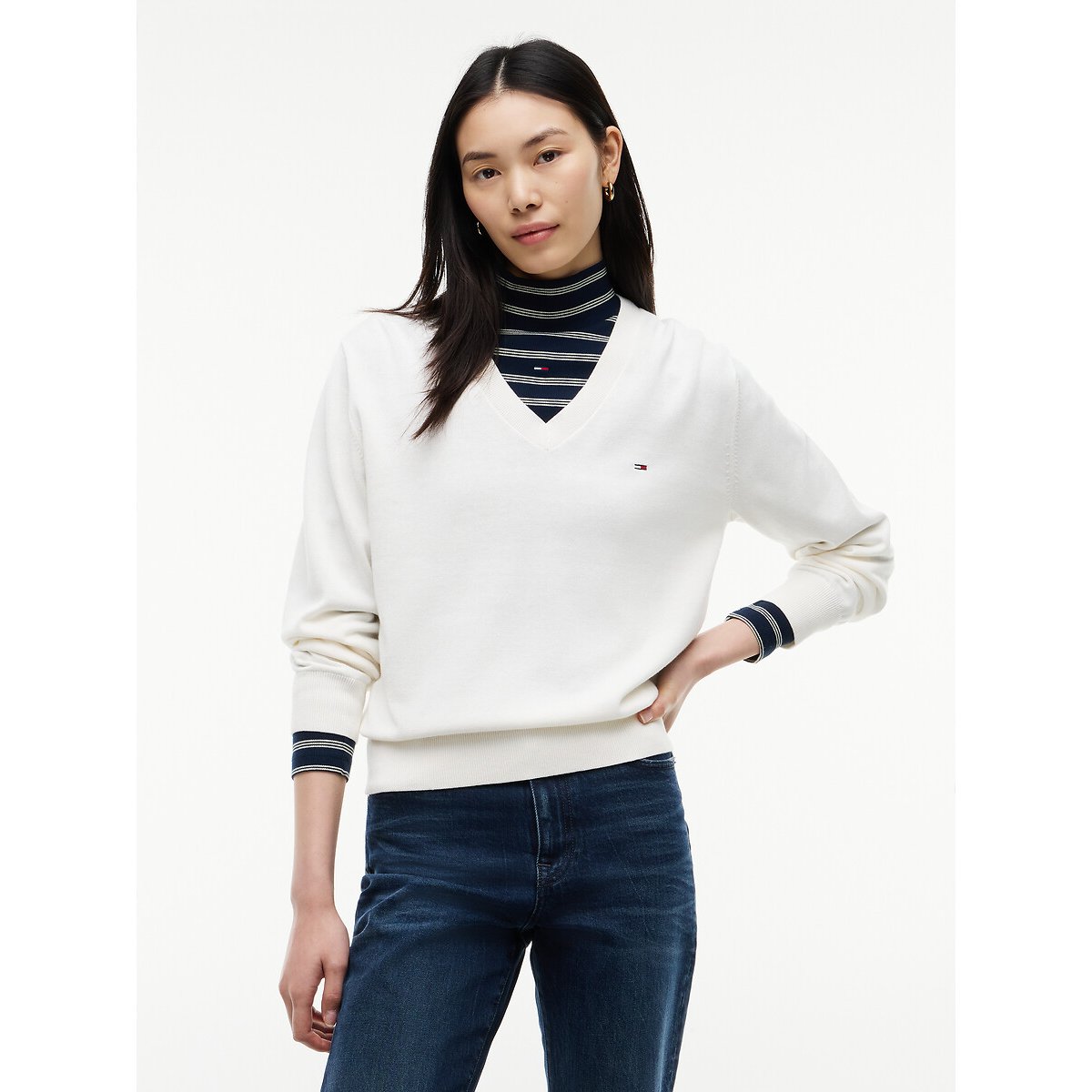 Pull col V manches longues ecru, TOMMY JEANS