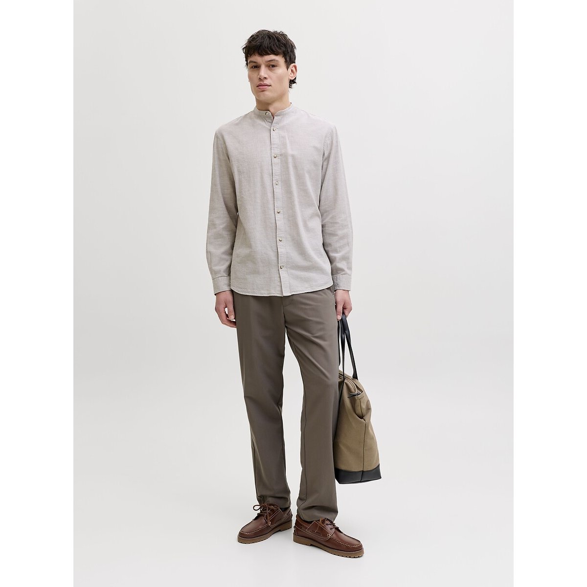 Camicia con collo alla coreana beige, JACK & JONES
