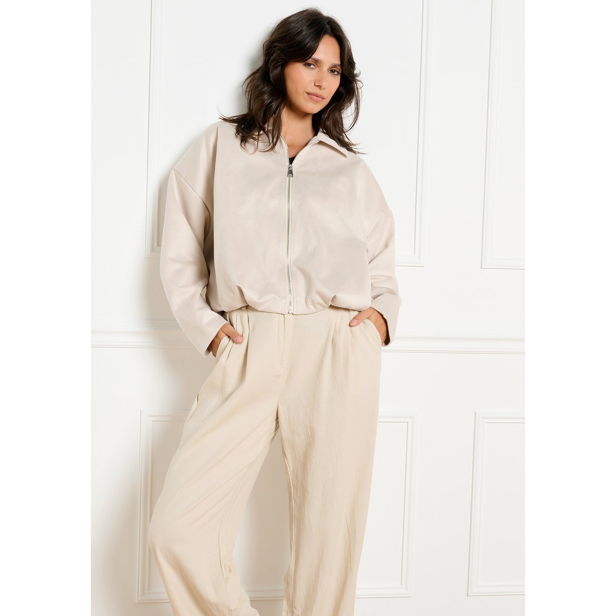 Blouson zippé oversize lt beige, LOLALIZA