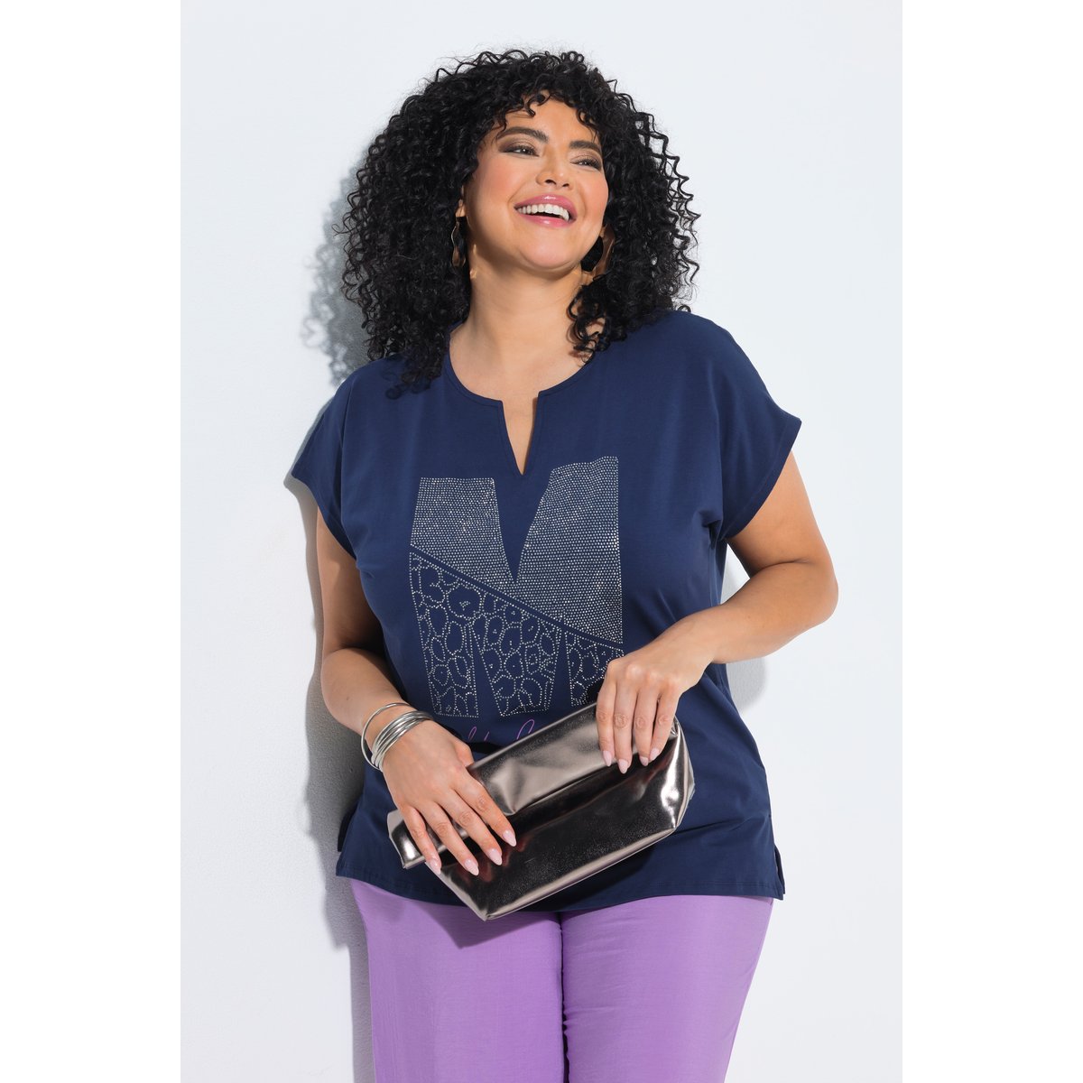T-shirt oversize, petits strass fantaisie marine, ULLA POPKEN