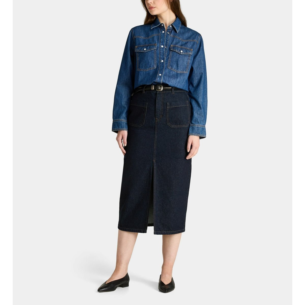 Jupe redford skirt droite et longue en denim de coton bleu foncé, GALERIES LAFAYETTE