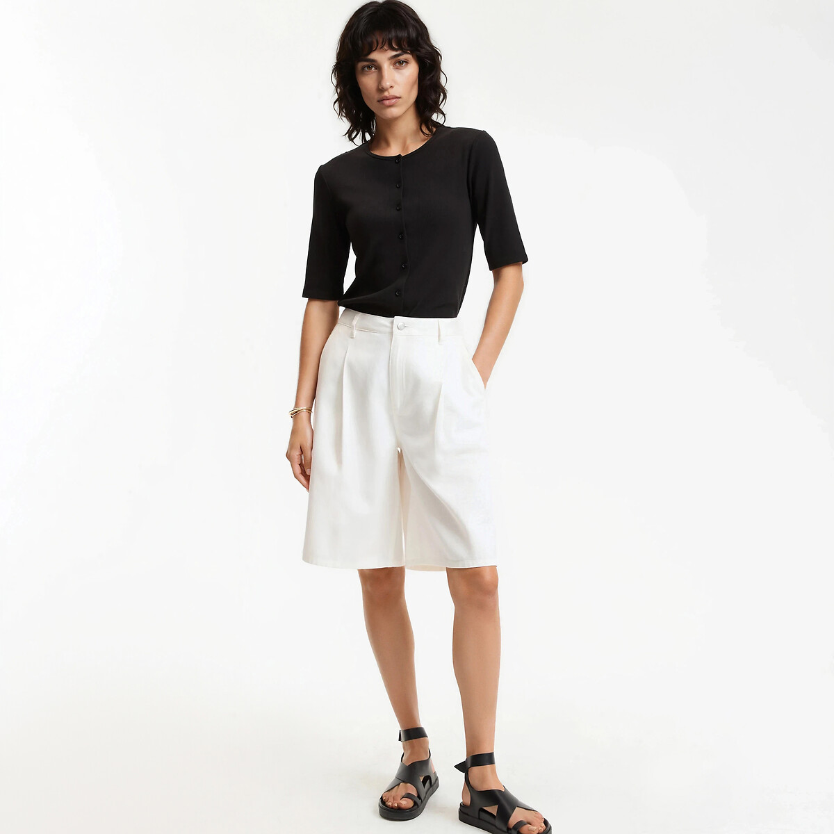 Short Sleeve Button-Down Crew Neck T-Shirt black, LA REDOUTE COLLECTIONS