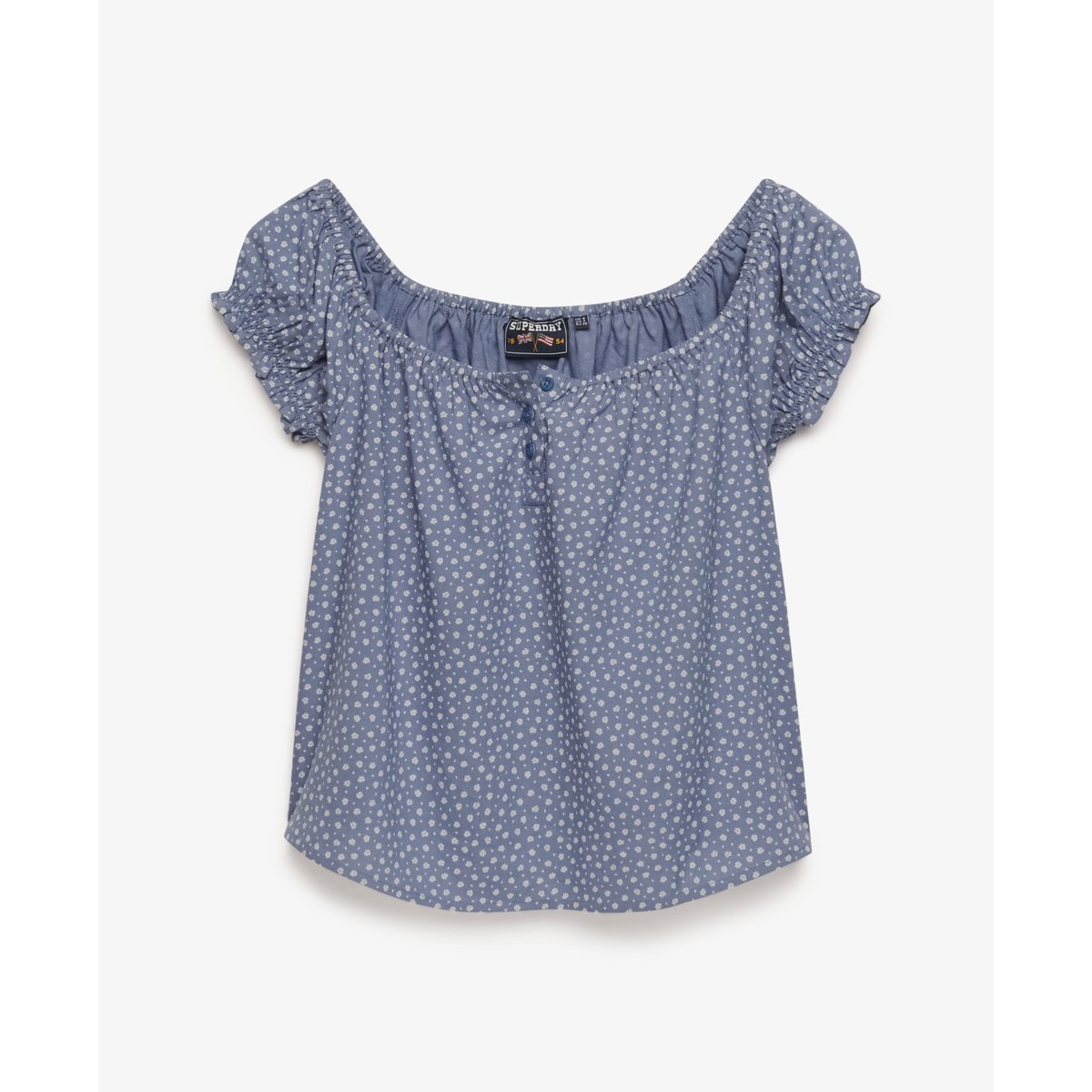 Top tissé à manches courtes et demi-boutonnage cœurs petites fleurs bleu marée, SUPERDRY