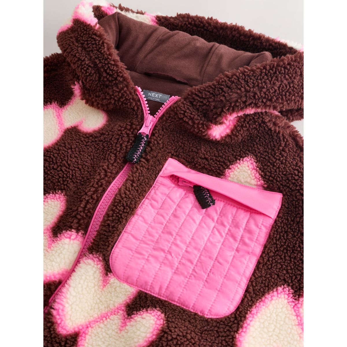 Veste à capuche zippée en peau lainée cœur marron/rose, NEXT