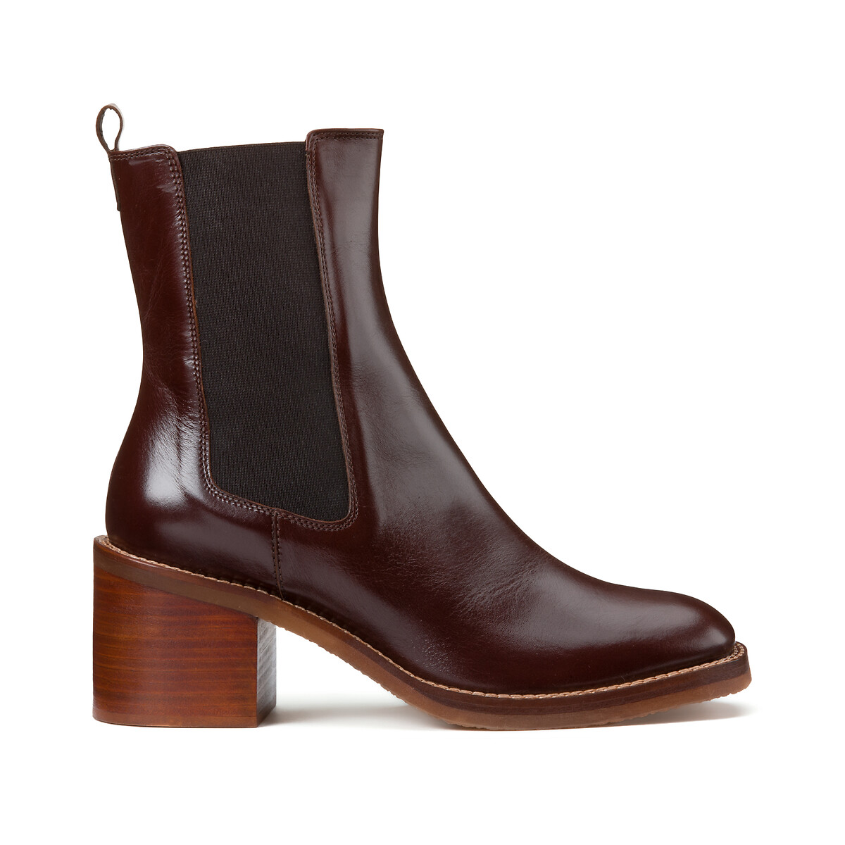 Chelsea leren boots met brede hak kastanje, LA REDOUTE COLLECTIONS